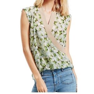 CAbi Floral Surplice Sleeveless Blouse - Green and Cream